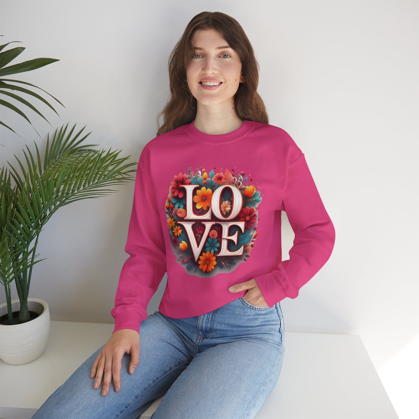 Floral Love Valentines Day Sweatshirt Unisex Heavy Blend Crewneck 50/50 Cotton Polyester Gildan 18000