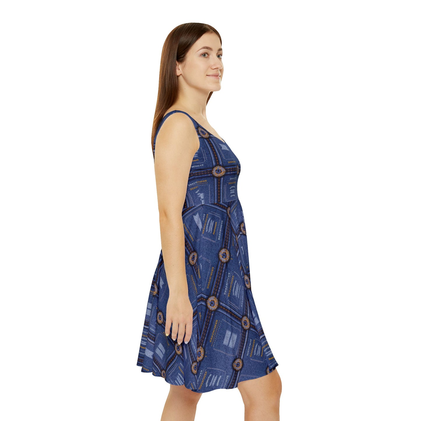 Women Denim Print Skater Dress, Denim Print Poly-Span Dress - 35