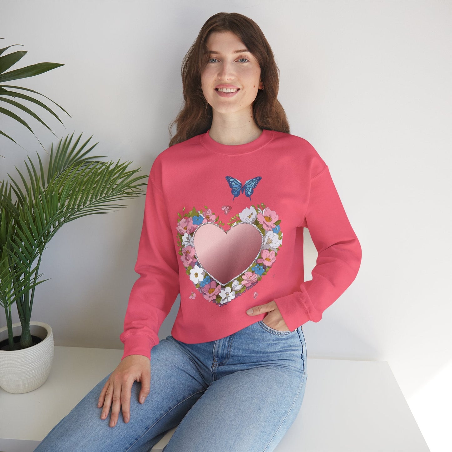 Unisex Floral Heart Sweatshirt Valentines Day Love Crewneck Gildan 18000 50/50 Cotton Polyester