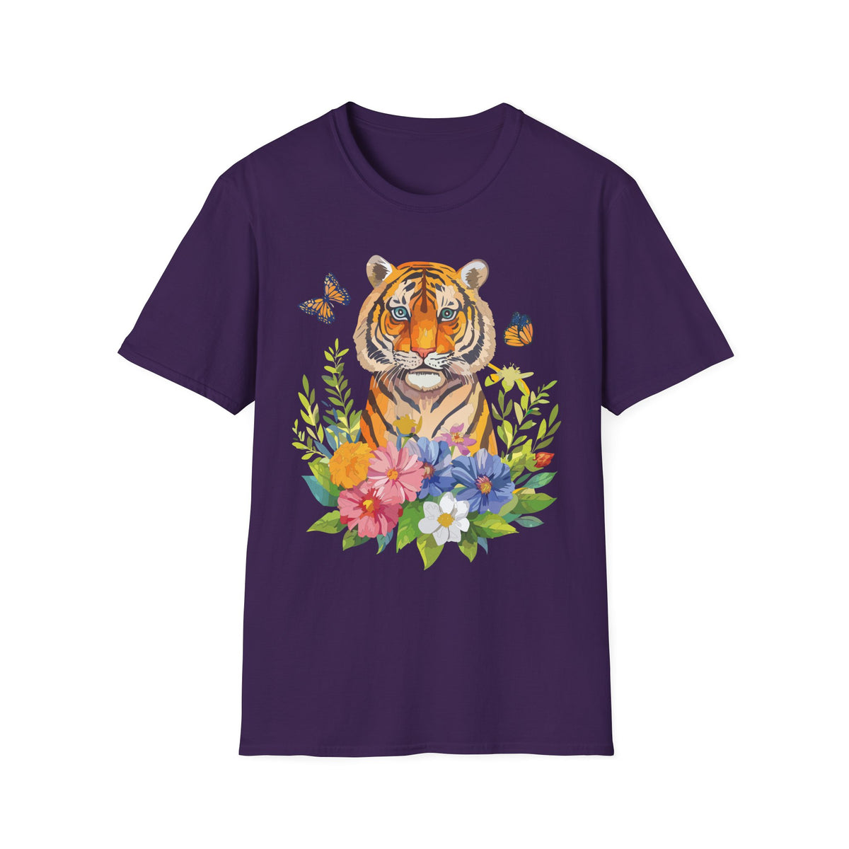 Tiger Portrait T-Shirt | Watercolor Tiger with Butterflies and Floral Accents