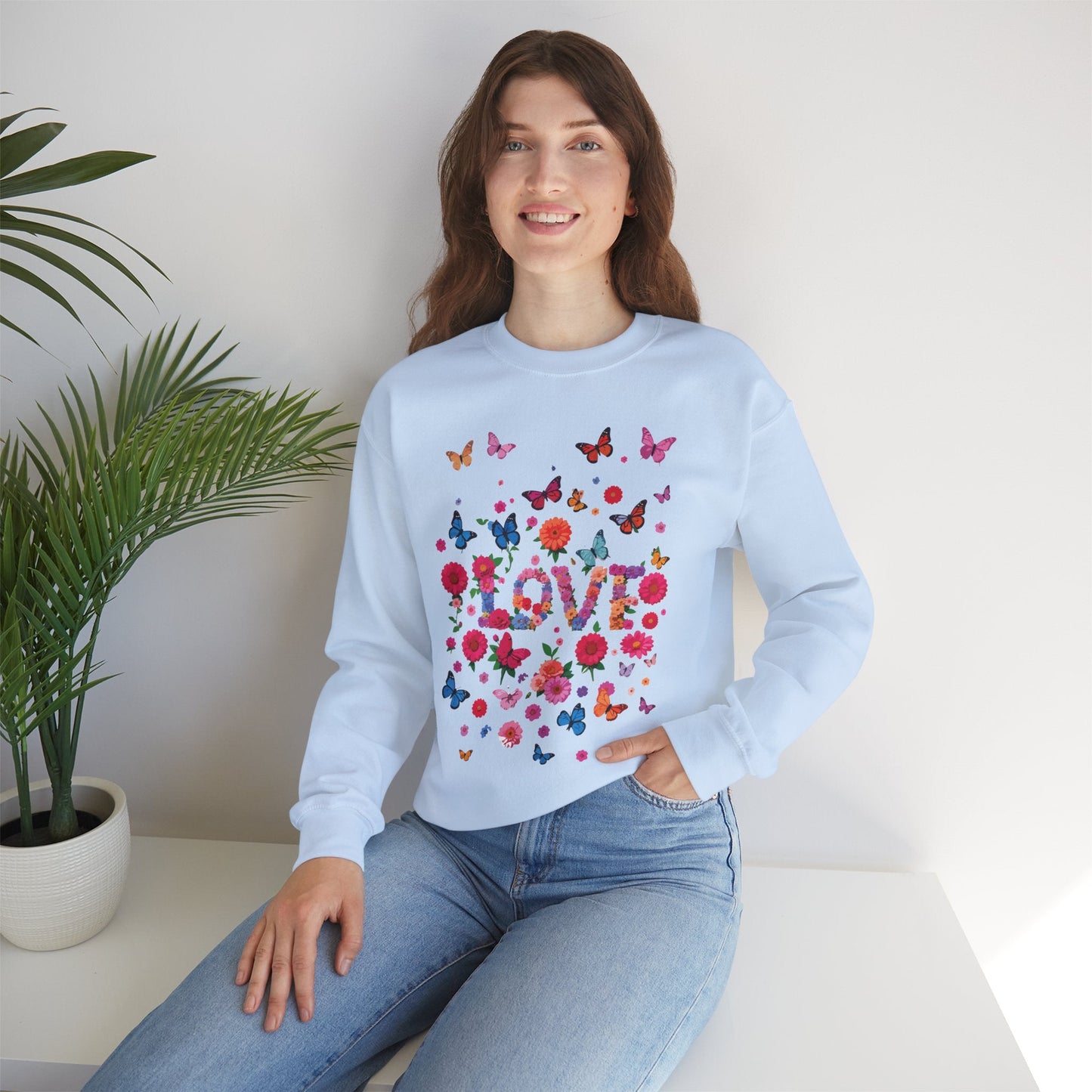 Unisex Floral Love Butterfly Sweatshirt Fifty Fifty Cotton Poly Valentine Day