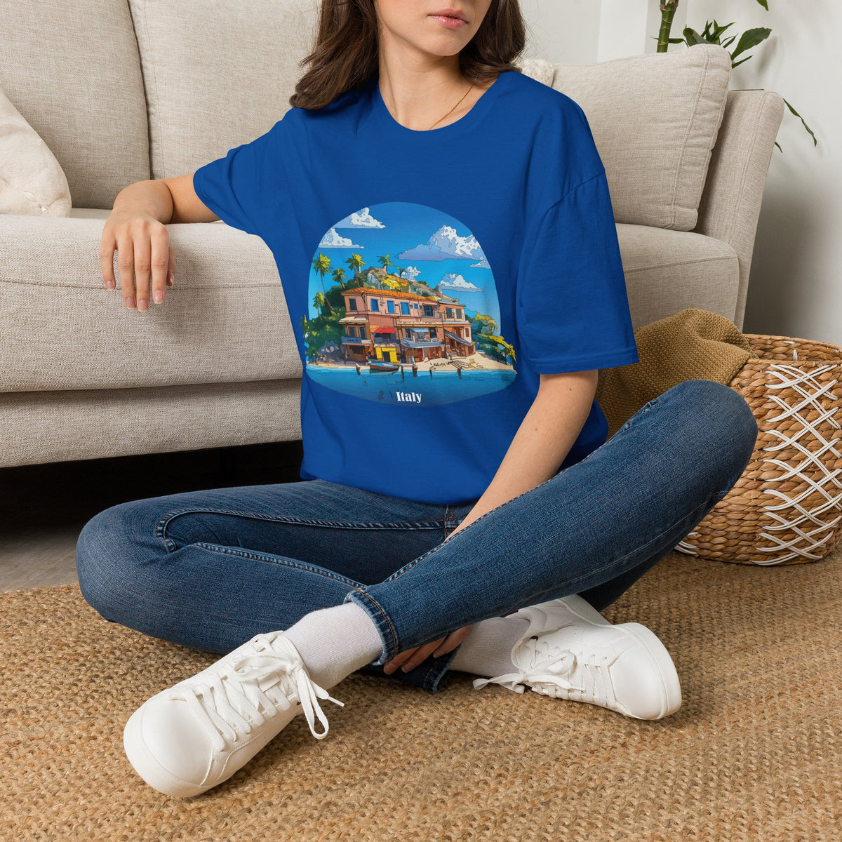 Italy Tropical Beach House Palm Trees T-Shirt | Seaside Villa Illustration