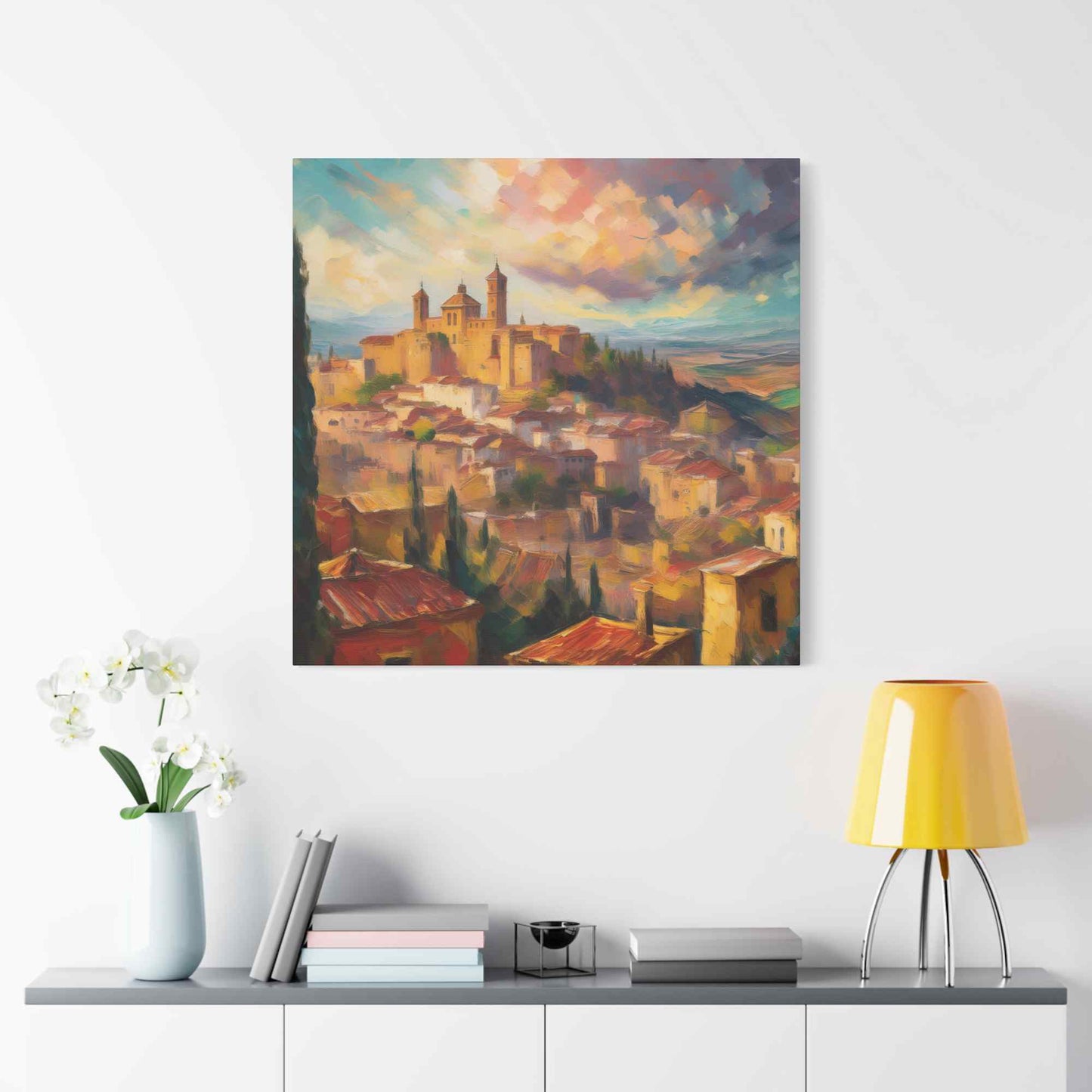 Spanish City Print Canvas, Oil Paint Print 20x20, 24x24, 30x30, 32x32, 36x36 Art Design Print Pine-Wood Inner Frame MC-58