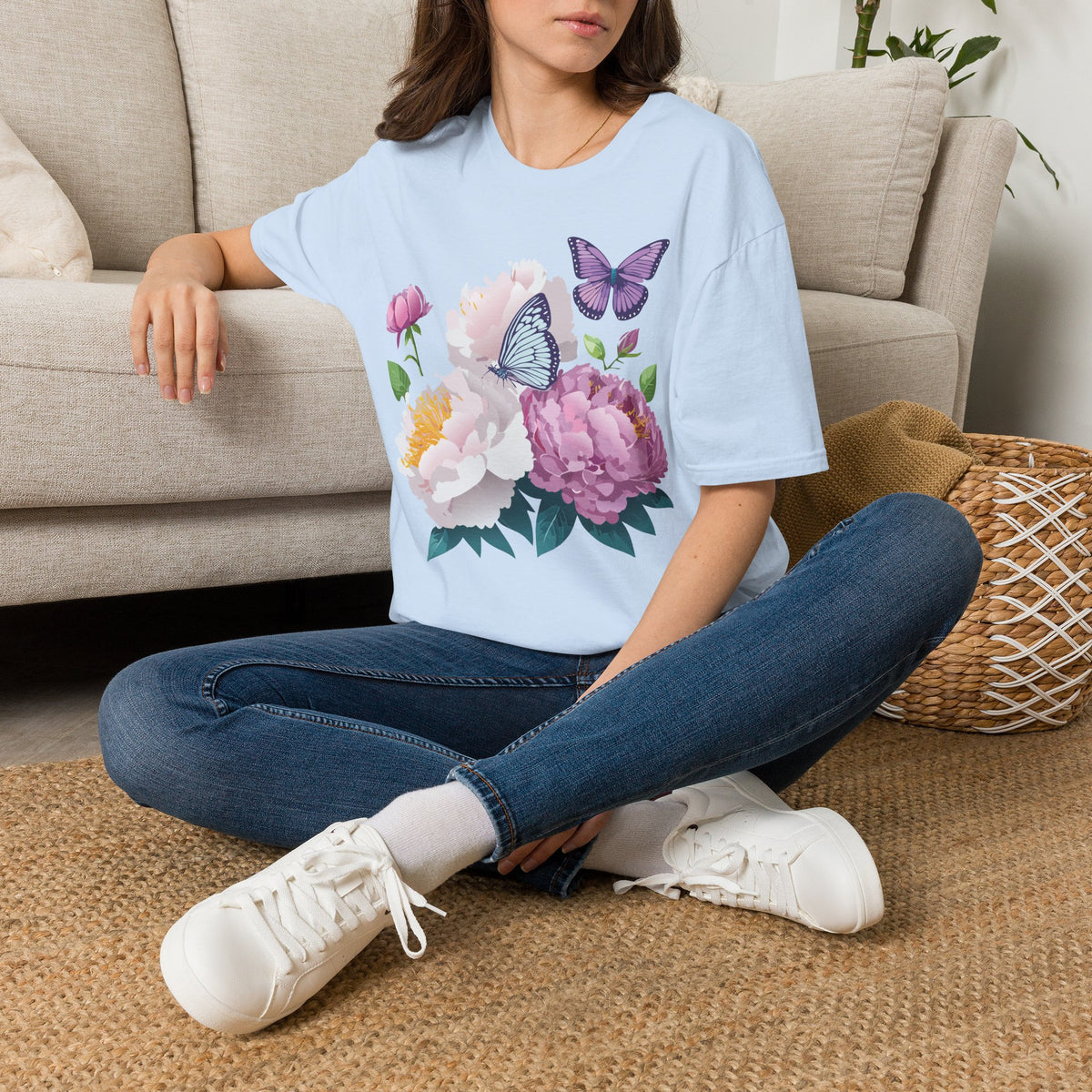 Floral Peonies & Butterflies T-Shirt — pastel garden tee for spring, Mother's Day Graphic Tee Unisex 100 Cotton Gildan T-Shirt
