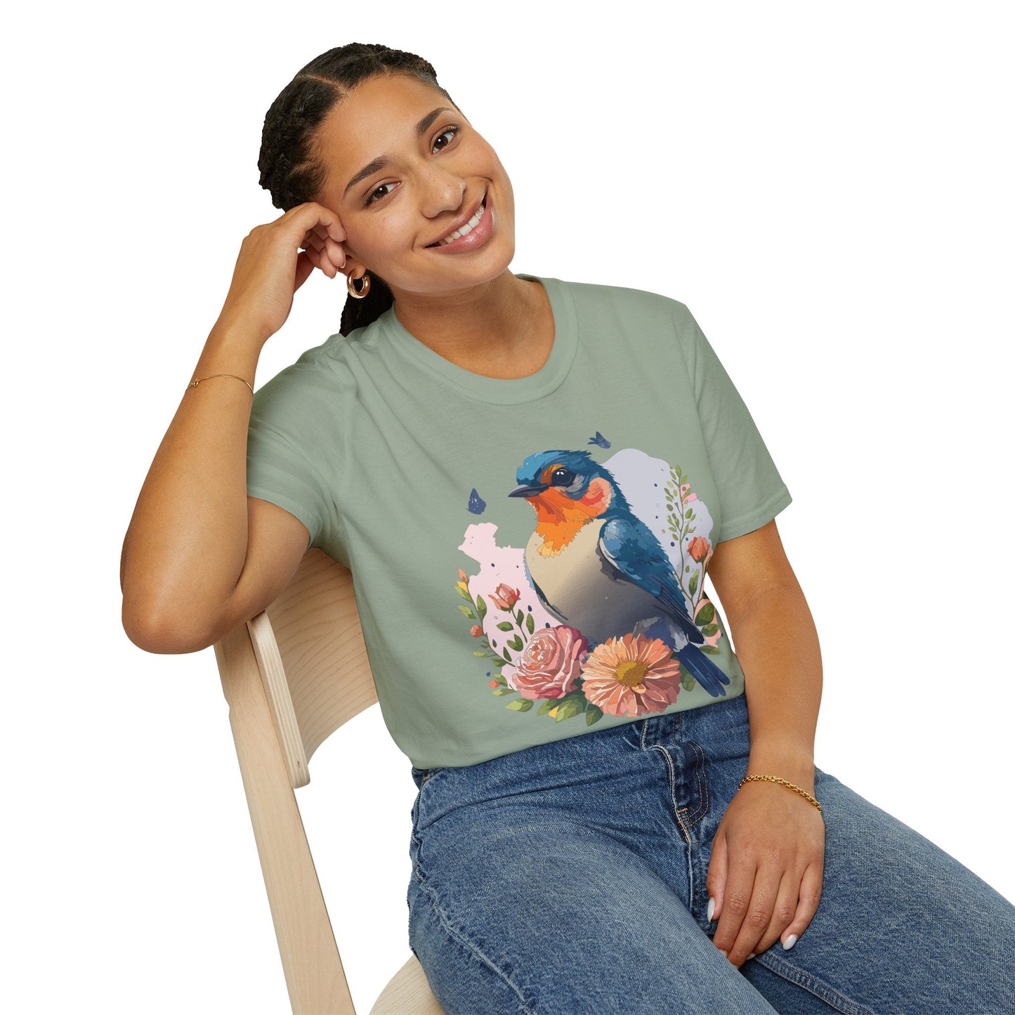Bird T Shirt Floral Design Unisex Gildan Softstyle 64000 Ring Spun Cotton Tee Breathable Wear