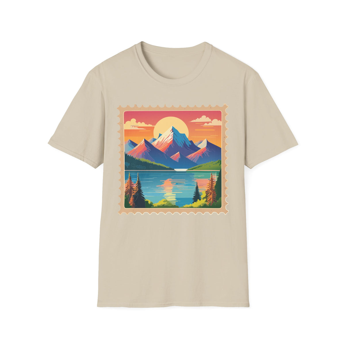 Vintage Mountain Sunset postage stamp T-Shirt | retro travel landscape