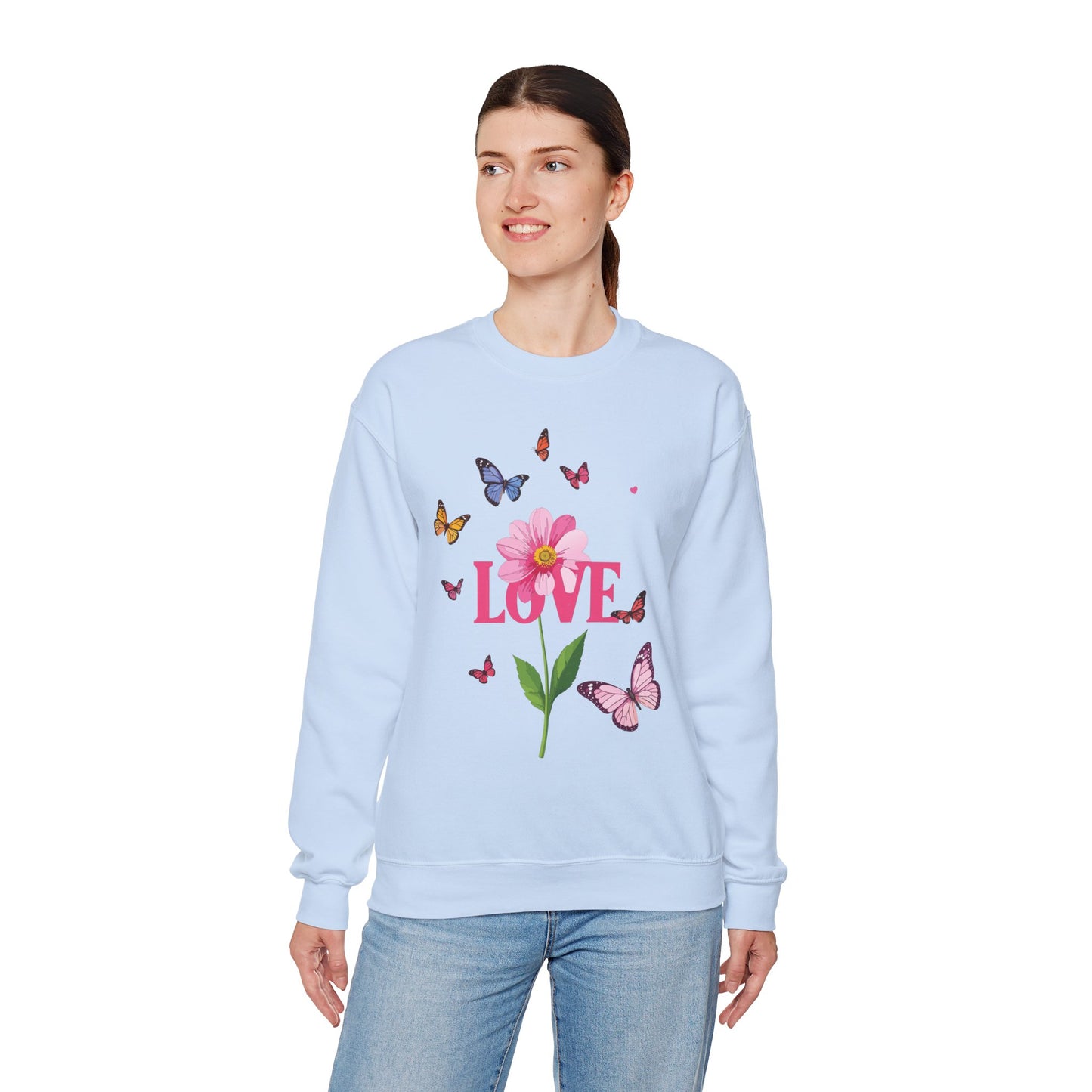 Unisex Floral Love Sweatshirt, Love Floral Sweatshirt, Floral Butterfly Sweatshirt, 50/50 Cotton-Poly Valentine's Day Sweatshirt 01