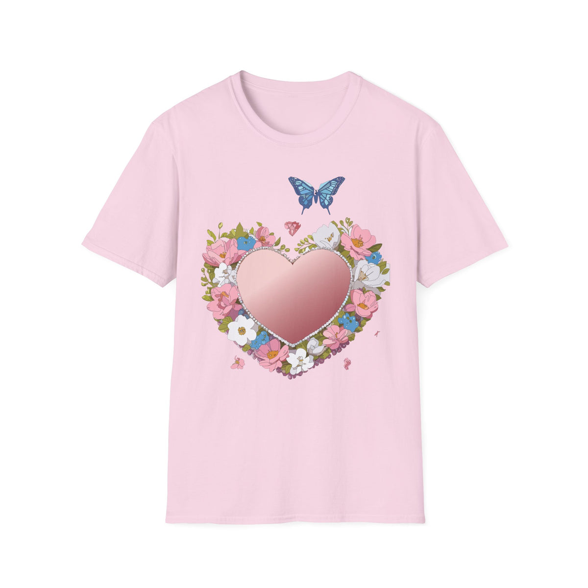 Floral Heart with Blue Butterfly T-Shirt | Pink Heart Floral Graphic Tee Unisex 100 Cotton Gildan T-Shirt