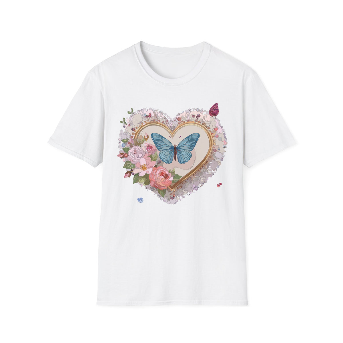 Butterfly Heart T-Shirt — Floral Blue Butterfly Graphic Tee Unisex 100 Cotton Gildan T-Shirt