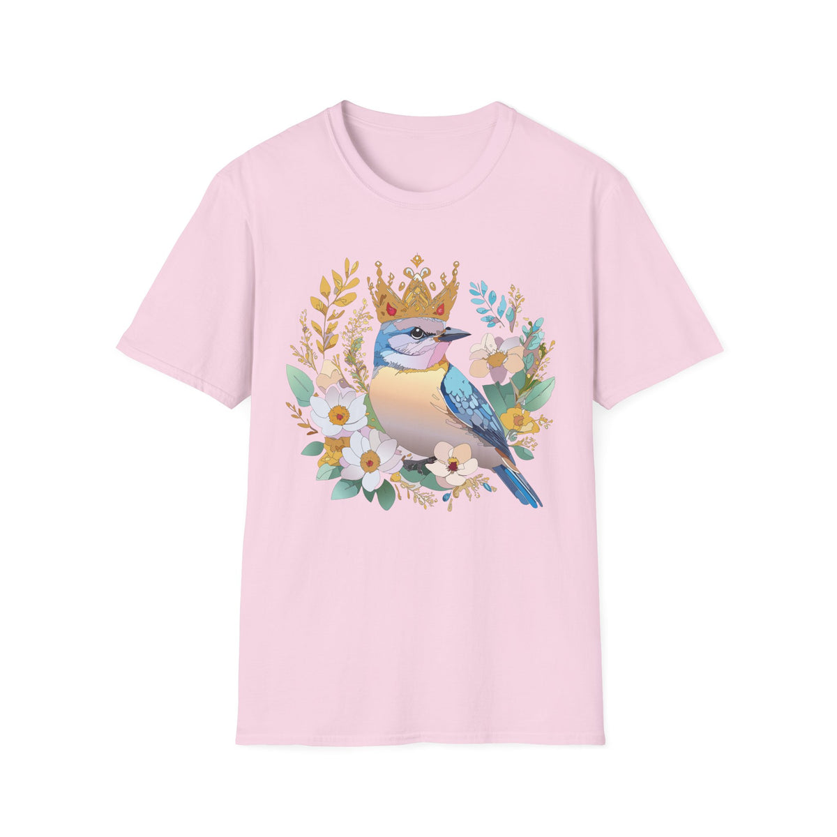 Crowned Bluebird Illustration T-Shirt | Floral Bird Crown Design