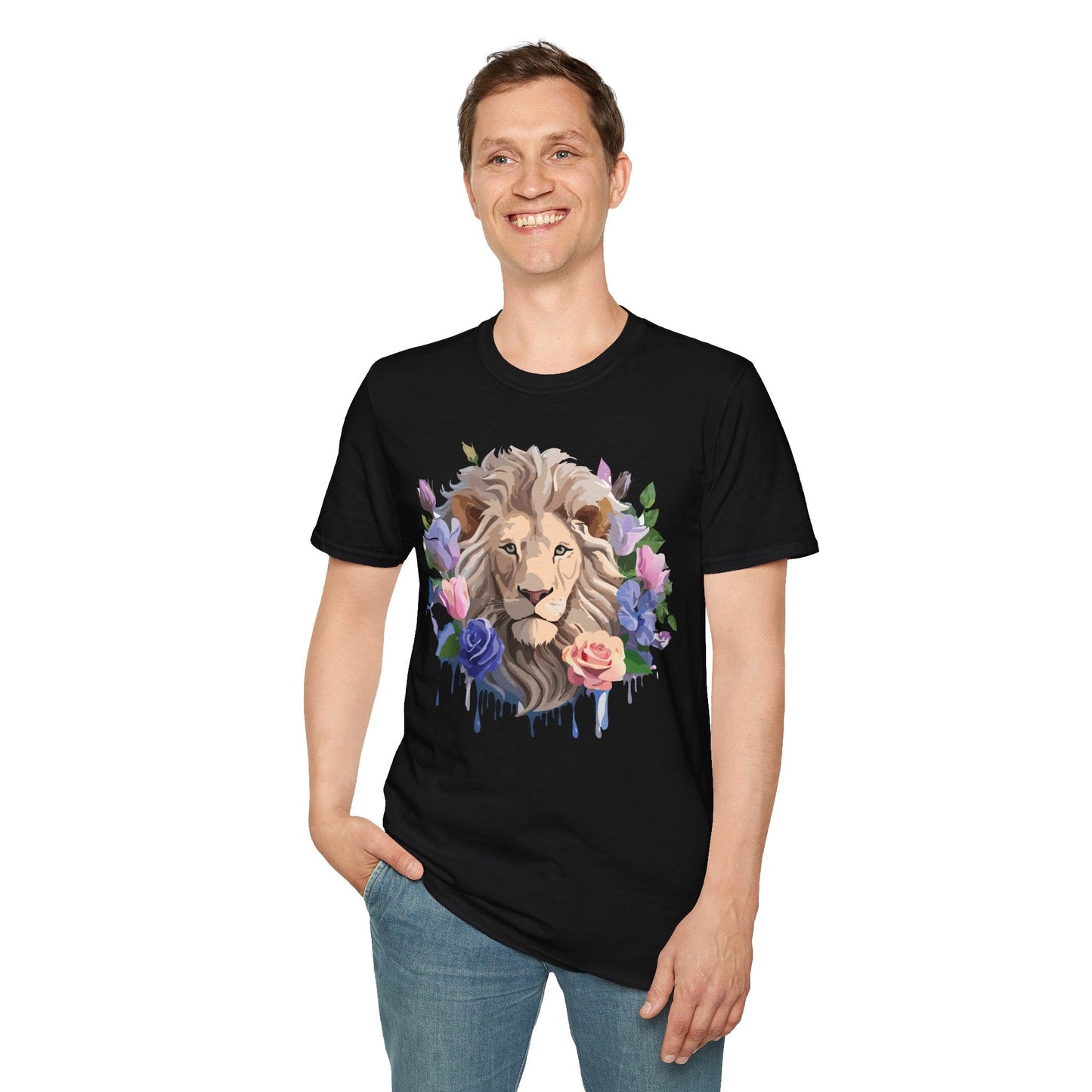 Unisex Floral Lion Tee Shirt Softstyle Gildan 64000 100 Percent Cotton
