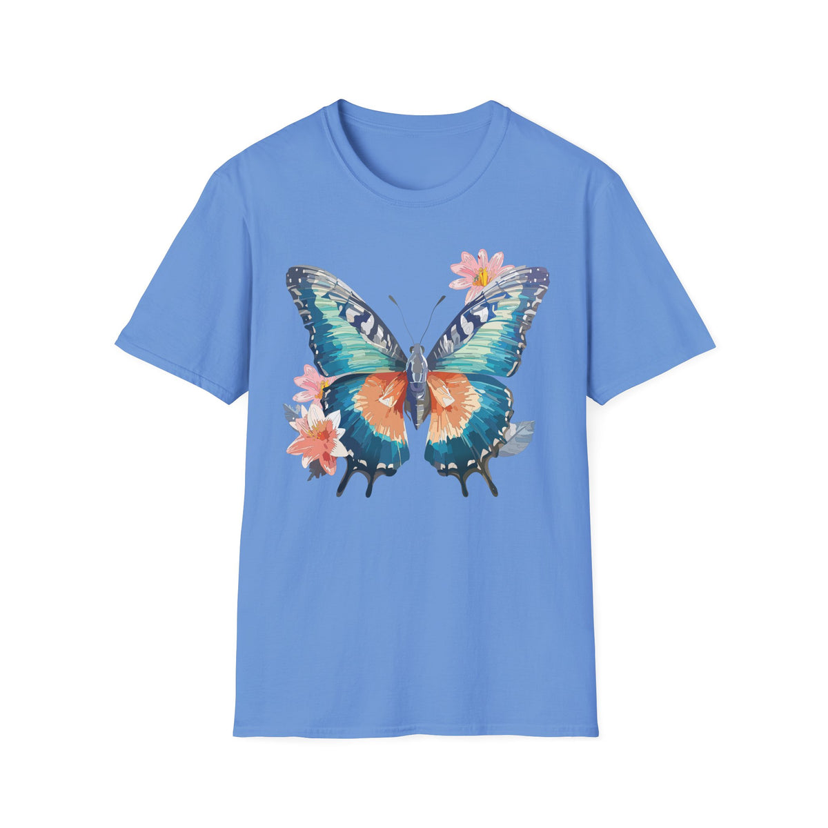 Butterfly Watercolor T-Shirt — Floral Blue Orange Butterfly Graphic Tee Unisex 100 Cotton Gildan T-Shirt