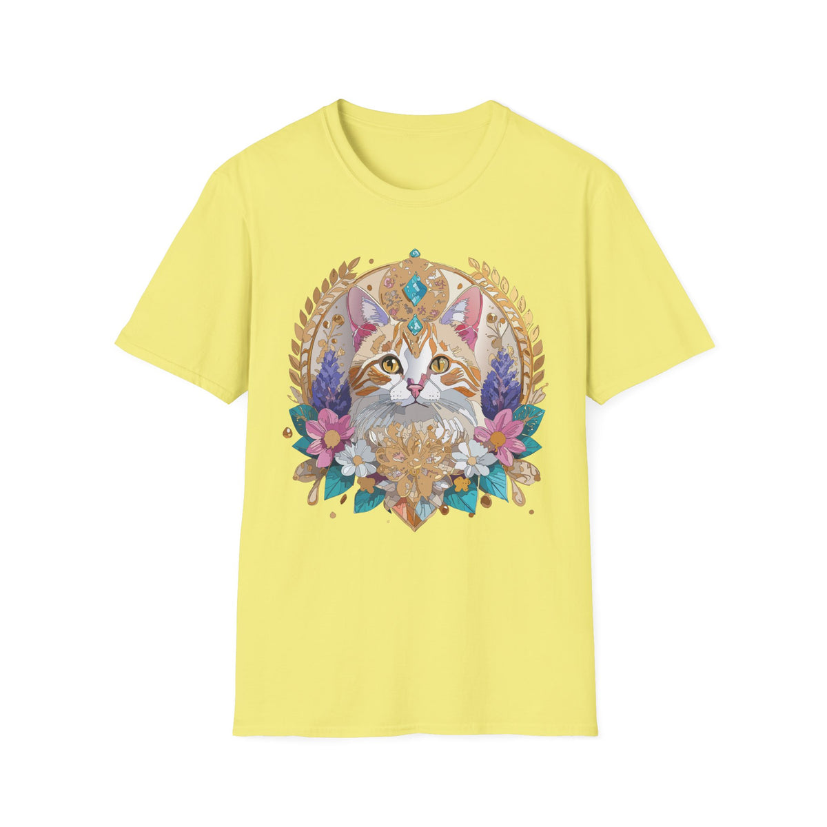 Regal Cat Mandala T-Shirt | Boho Kitty Illustration, Floral Crescent