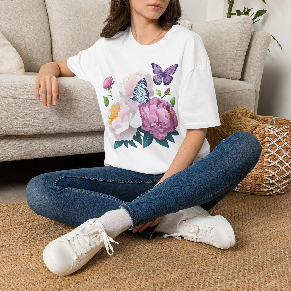 Floral Peonies & Butterflies T-Shirt — pastel garden tee for spring, Mother's Day Graphic Tee Unisex 100 Cotton Gildan T-Shirt
