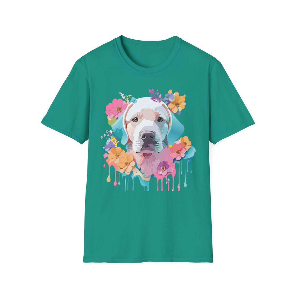 Colorful Pitbull Portrait T-Shirt | Floral Dog Art, Watercolor Drip