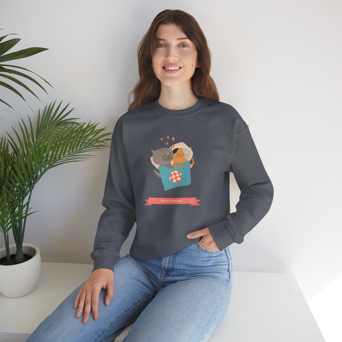 Cat Heart Sweatshirt Unisex Valentines Day 50 50 Cotton Poly Crewneck Gildan 18000
