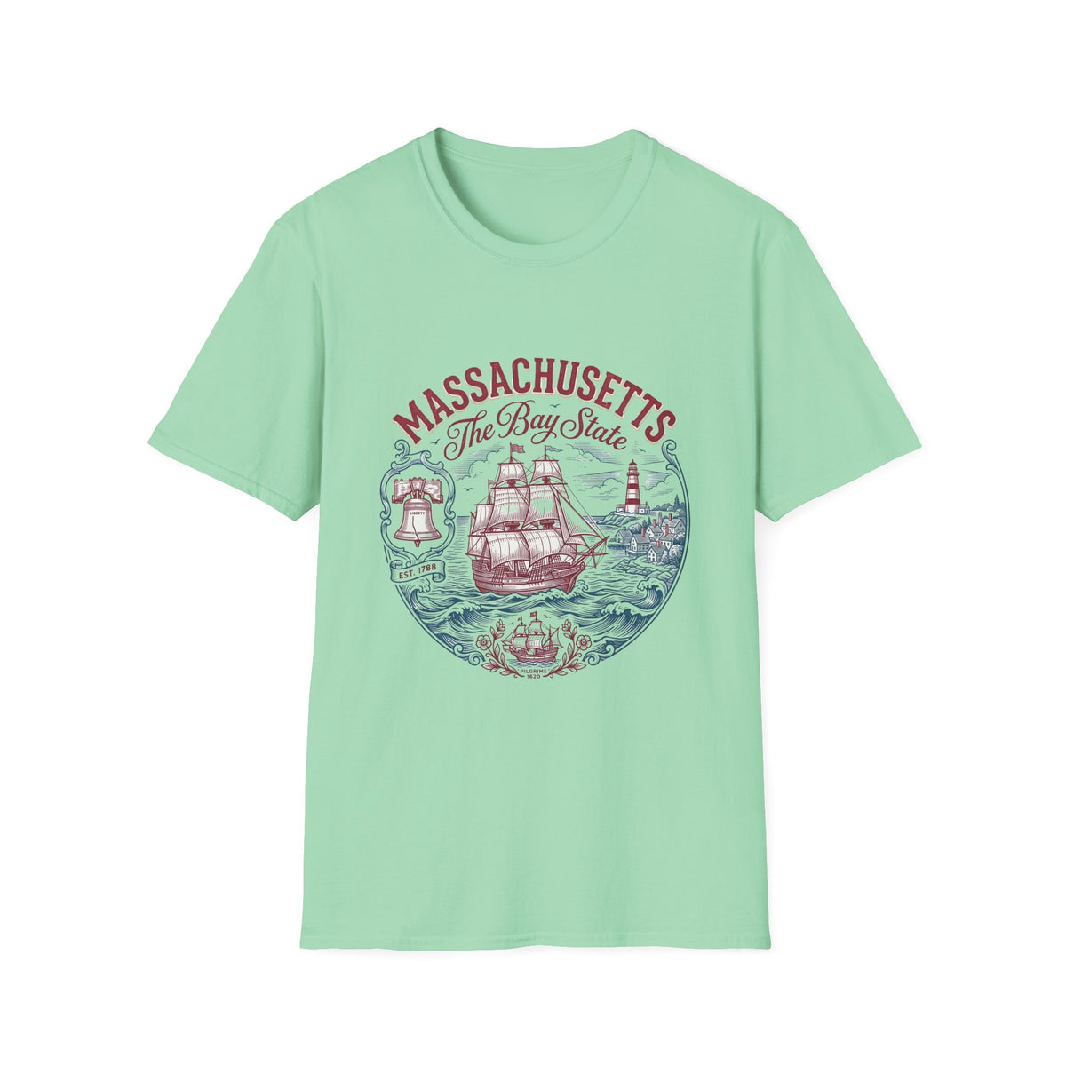 Massachusetts The Bay State T-Shirt – Vintage Nautical Ship Lighthouse Travel Tourist Graphic Design Unisex 100 Cotton Gildan T-Shirt