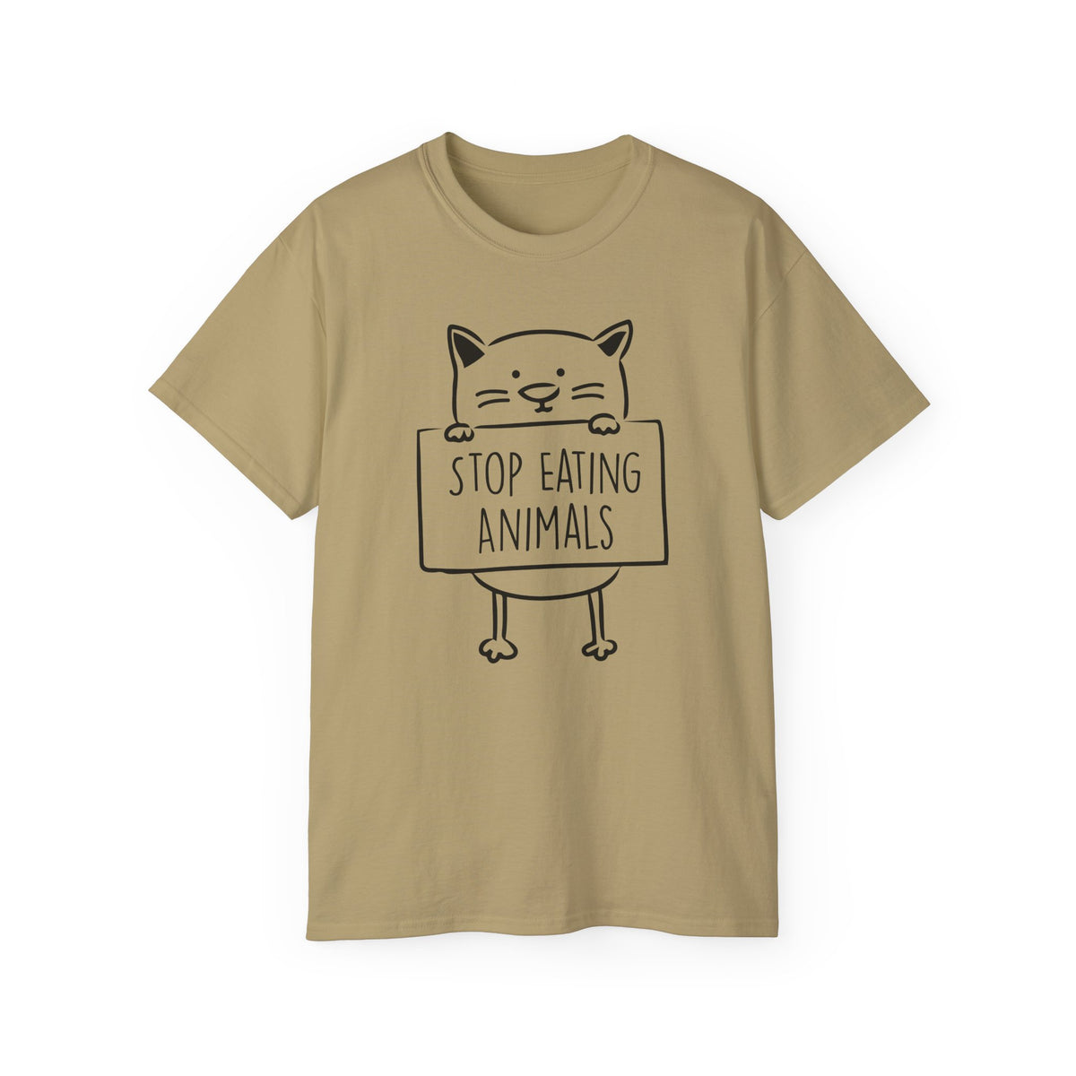 Cat Holding Sign Stop Eating Animals T-Shirt | Vegan Animal Rights Tee
