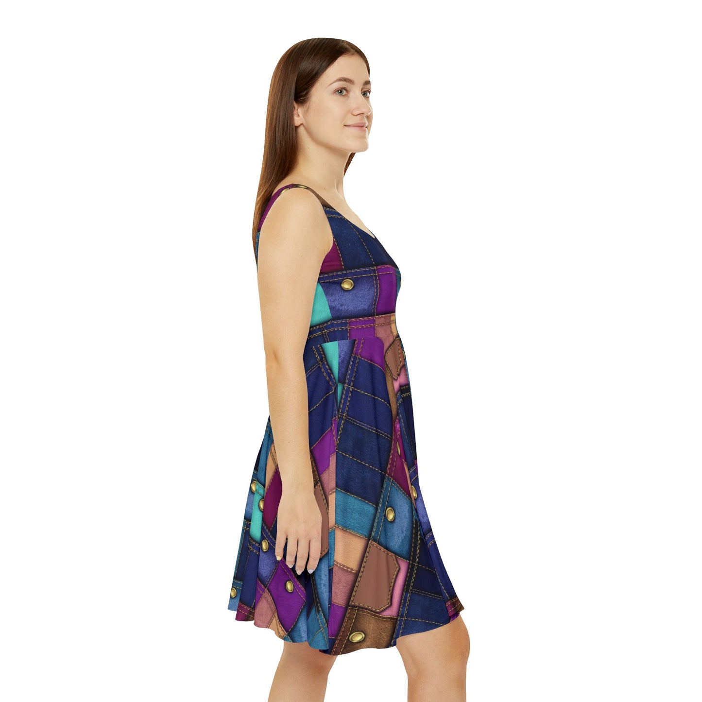 Women Denim Print Skater Dress, Denim Print Poly-Span Dress - 10