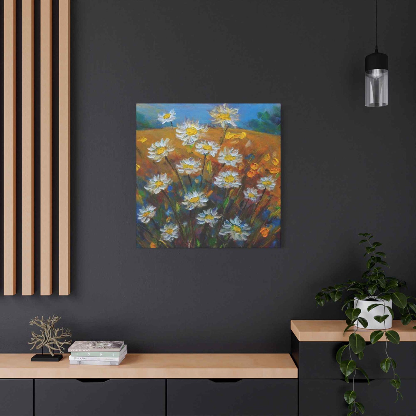White Daisies Print Canvas, Floral Oil Paint Print 20x20, 24x24, 30x30, 32x32, 36x36 Art Design Pine-Wood Inner Frame MC-126
