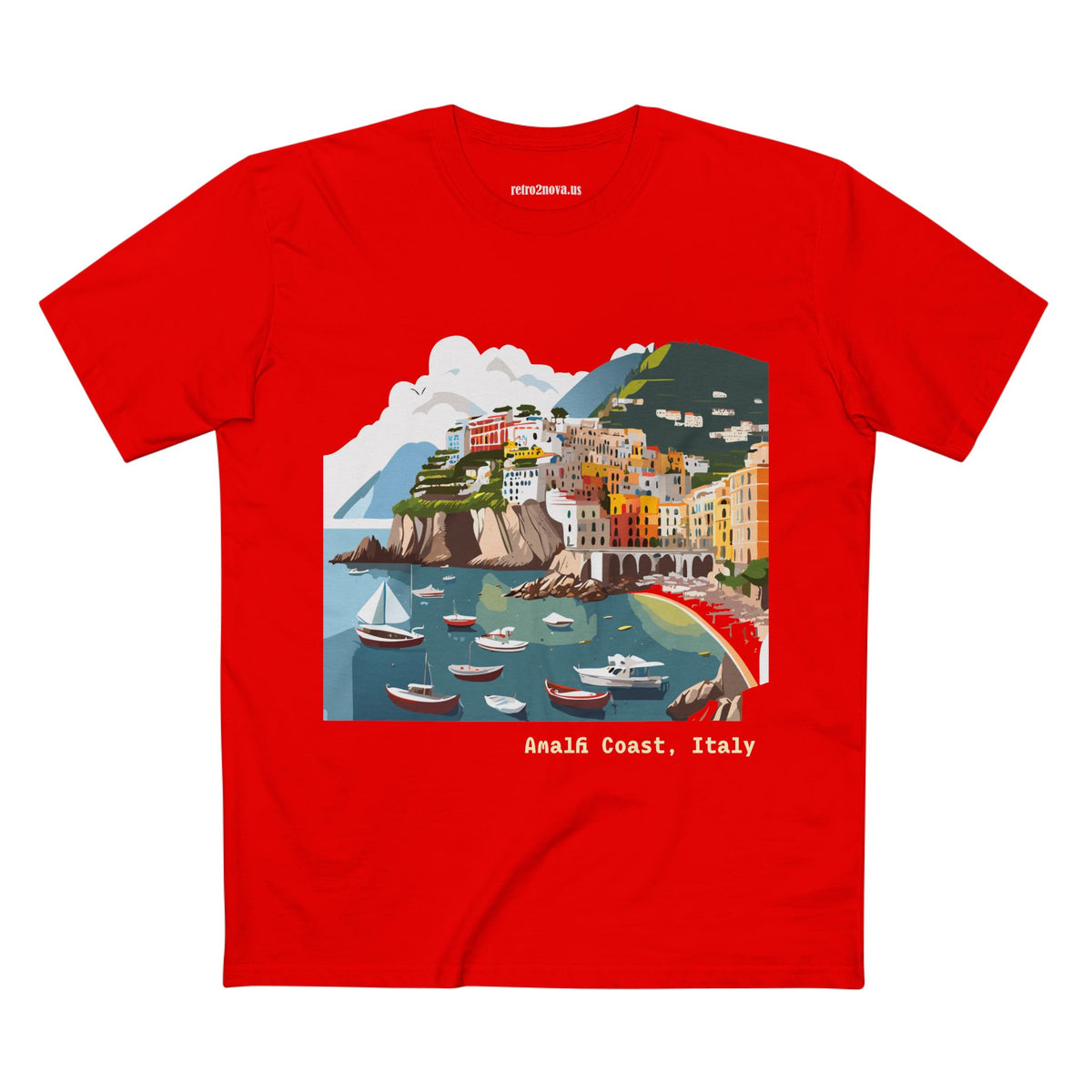 Amalfi Coast Italy Illustration T-Shirt | Coastal Village Beach Scene