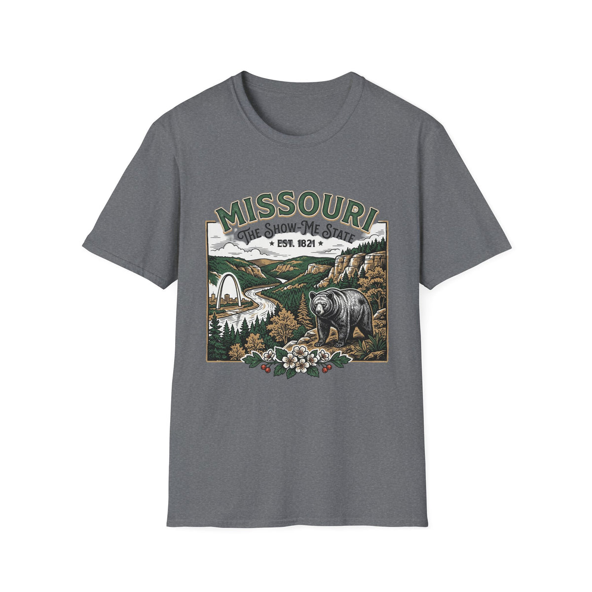 Missouri Vintage State Pride T-Shirt — State Scenic Bear Design Travel Tourist Graphic Design Unisex 100 Cotton Gildan T-Shirt
