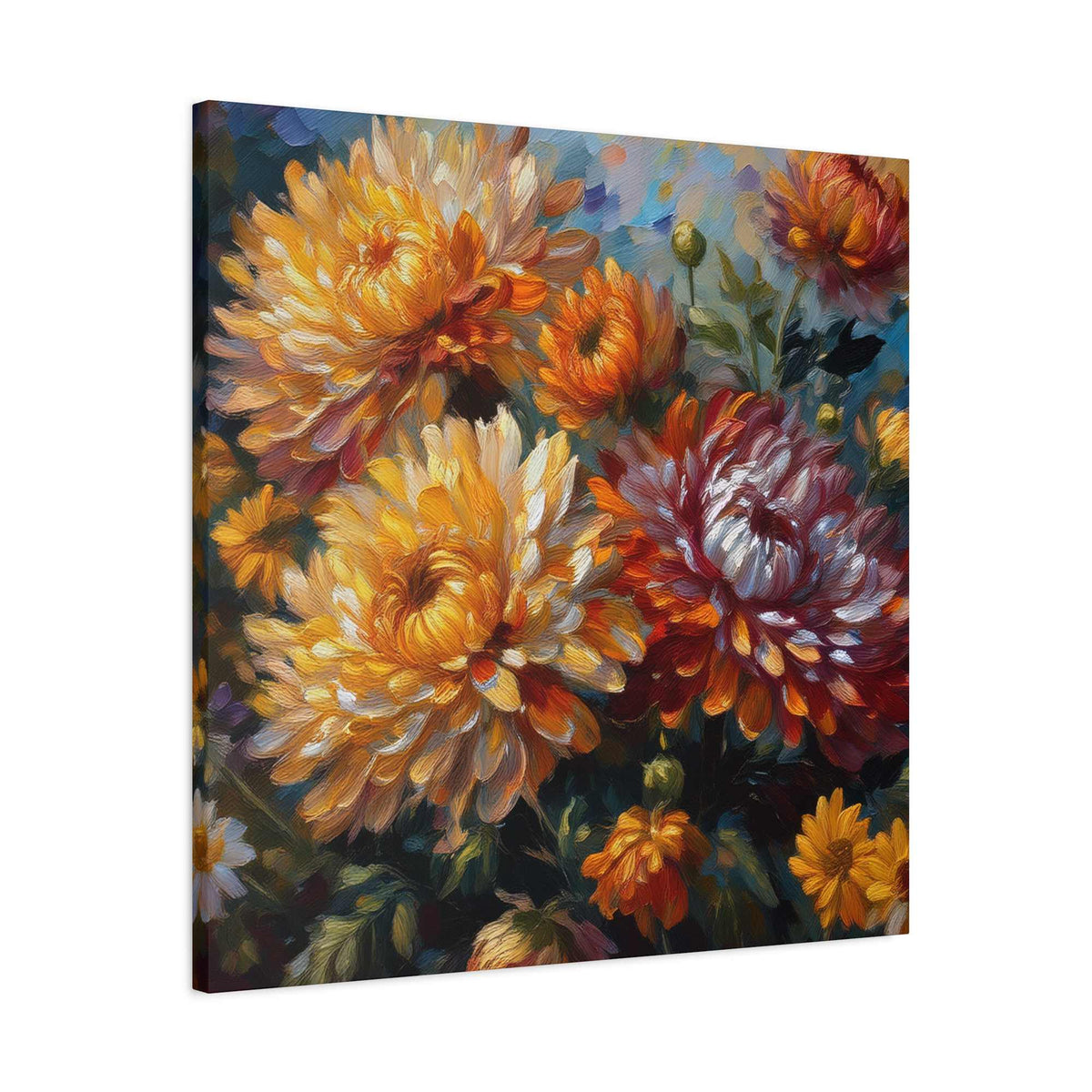 Chrysanthemums Print Canvas, Floral Oil Paint Print 20x20, 24x24, 30x30, 32x32, 36x36 Art Design Pine-Wood Inner Frame MC-157
