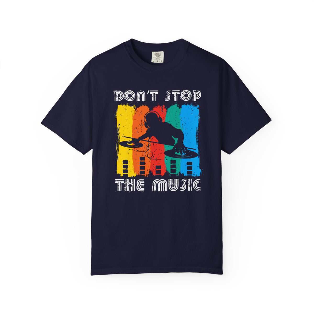 Don t Stop the Music DJ Silhouette T-Shirt Retro Rainbow Turntables Unisex Cotton Tee 016