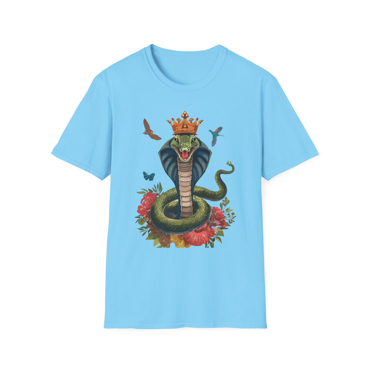 Crowned King Cobra Shirt | Snake Illustration, Floral Accents, Wildlife