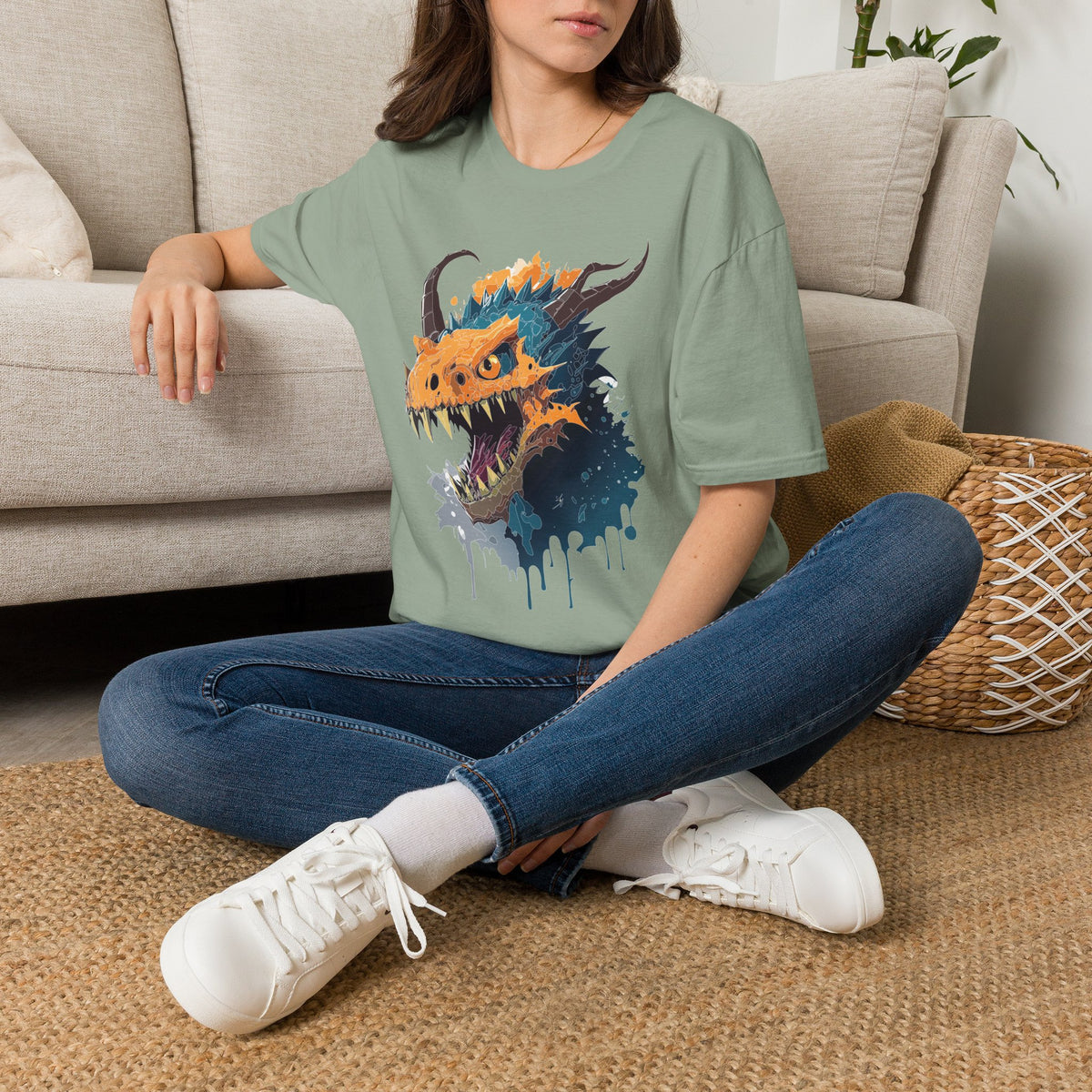 Dragon Head Graphic T-Shirt — Fiery Monster Art Cartoon Graphic Tee Unisex 100 Cotton Gildan T-Shirt