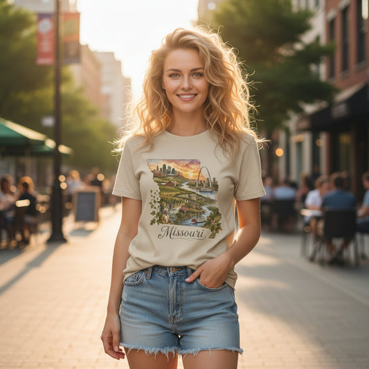 Missouri State Map T-Shirt — Scenic St. Louis & Kansas City Landscape Graphic Design Unisex 100 Cotton Gildan T-Shirt