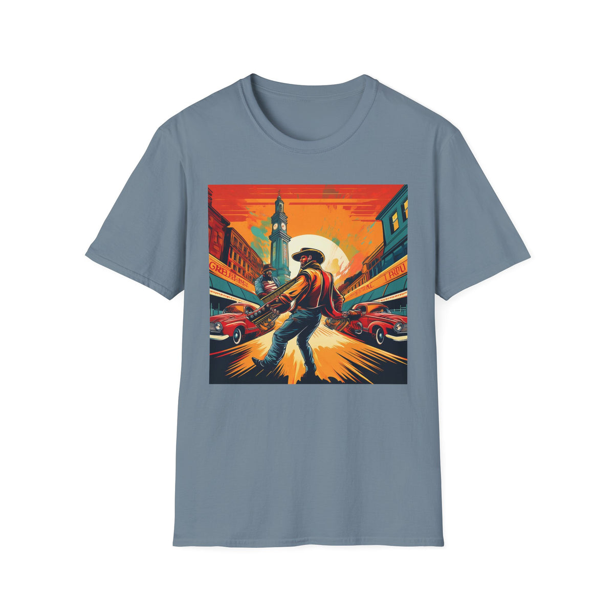 Cowboy Sunset illustration T-Shirt | Western scene, vintage poster Graphic Tee Unisex 100 Cotton Gildan T-Shirt