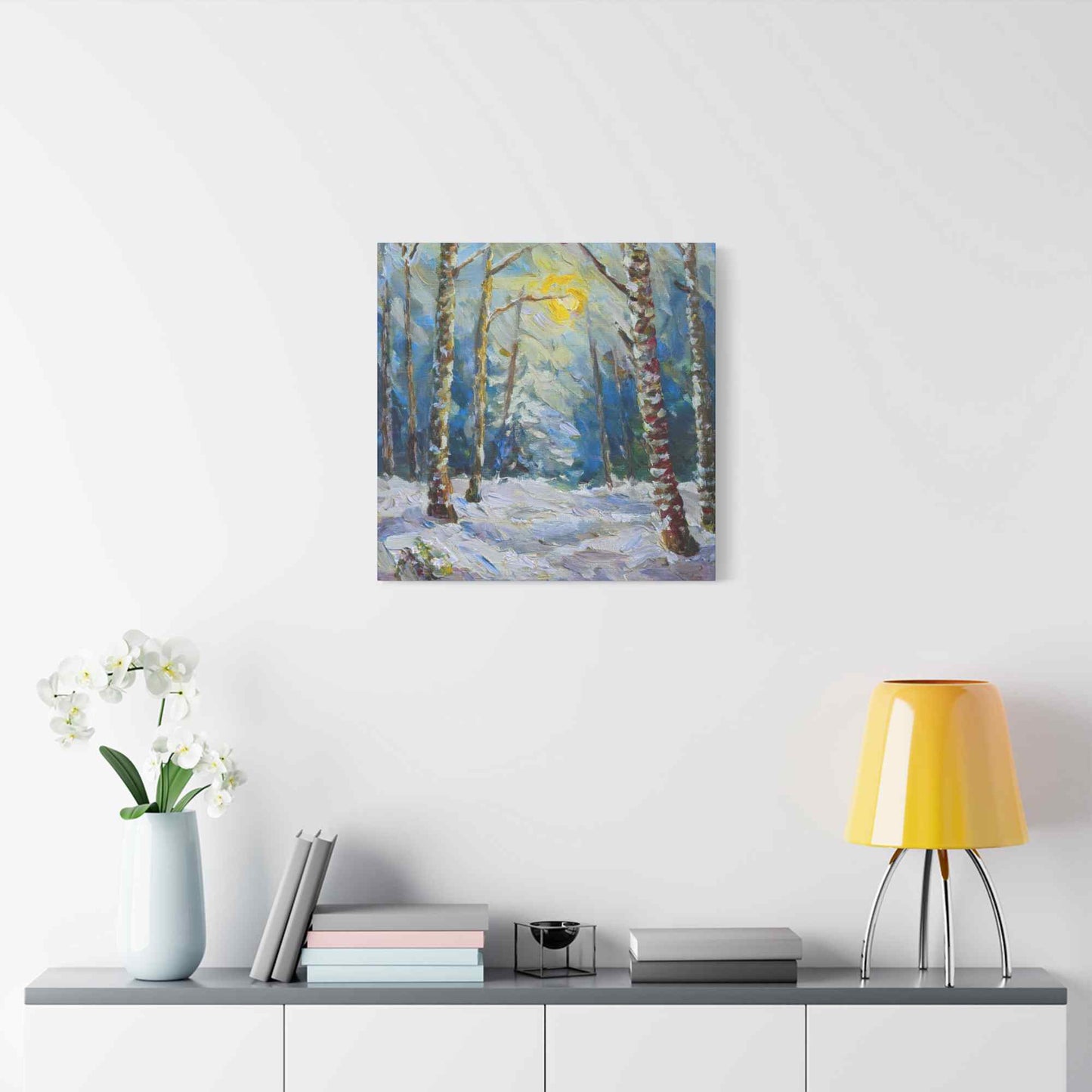 Snow Forest Print Canvas, Oil Paint Print 20x20, 24x24, 30x30, 32x32, 36x36 Art Design Print Pine-Wood Inner Frame MC-79