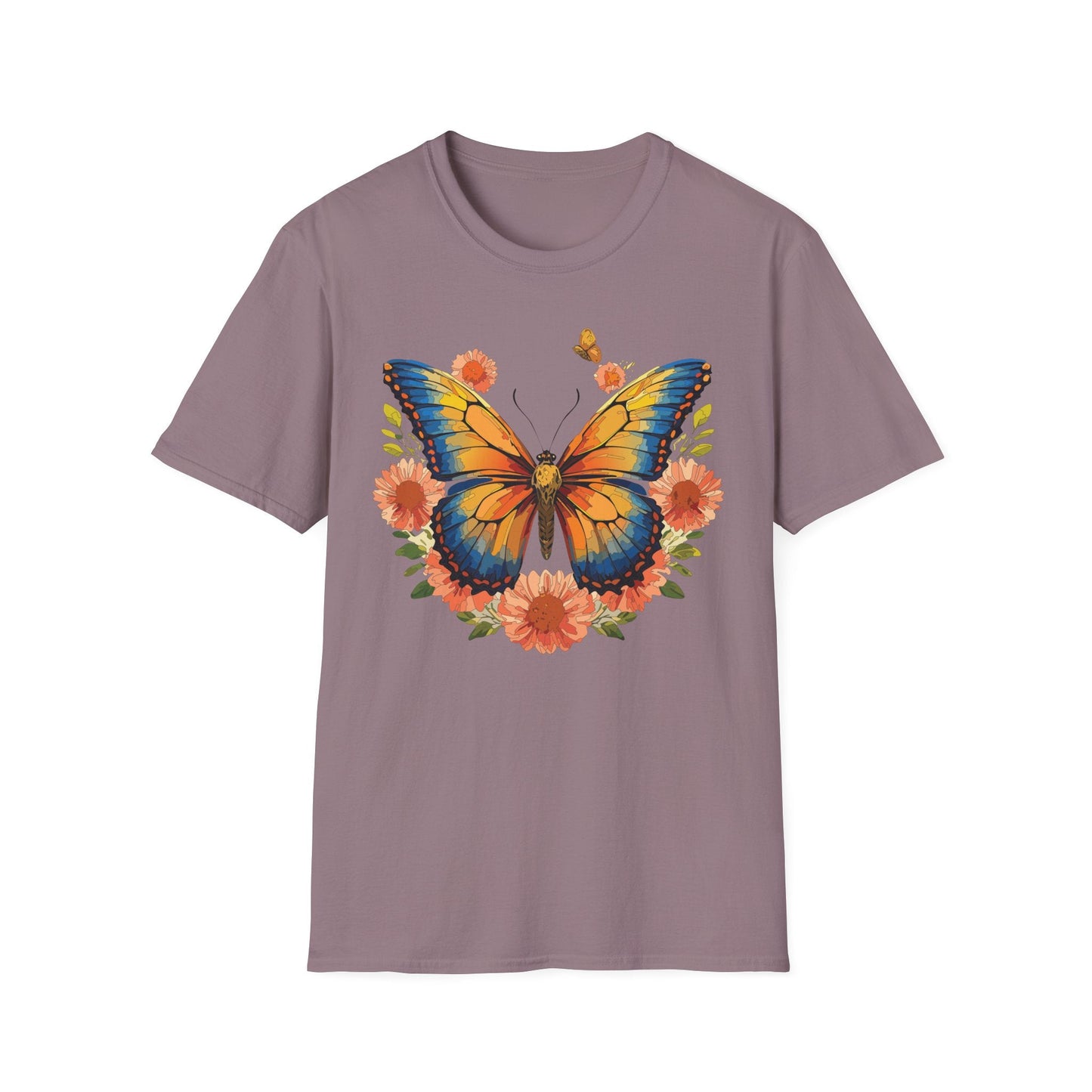 Butterfly T Shirt Unisex Softstyle Gildan 64000 Monarch Print 100 Percent Ring Spun Cotton