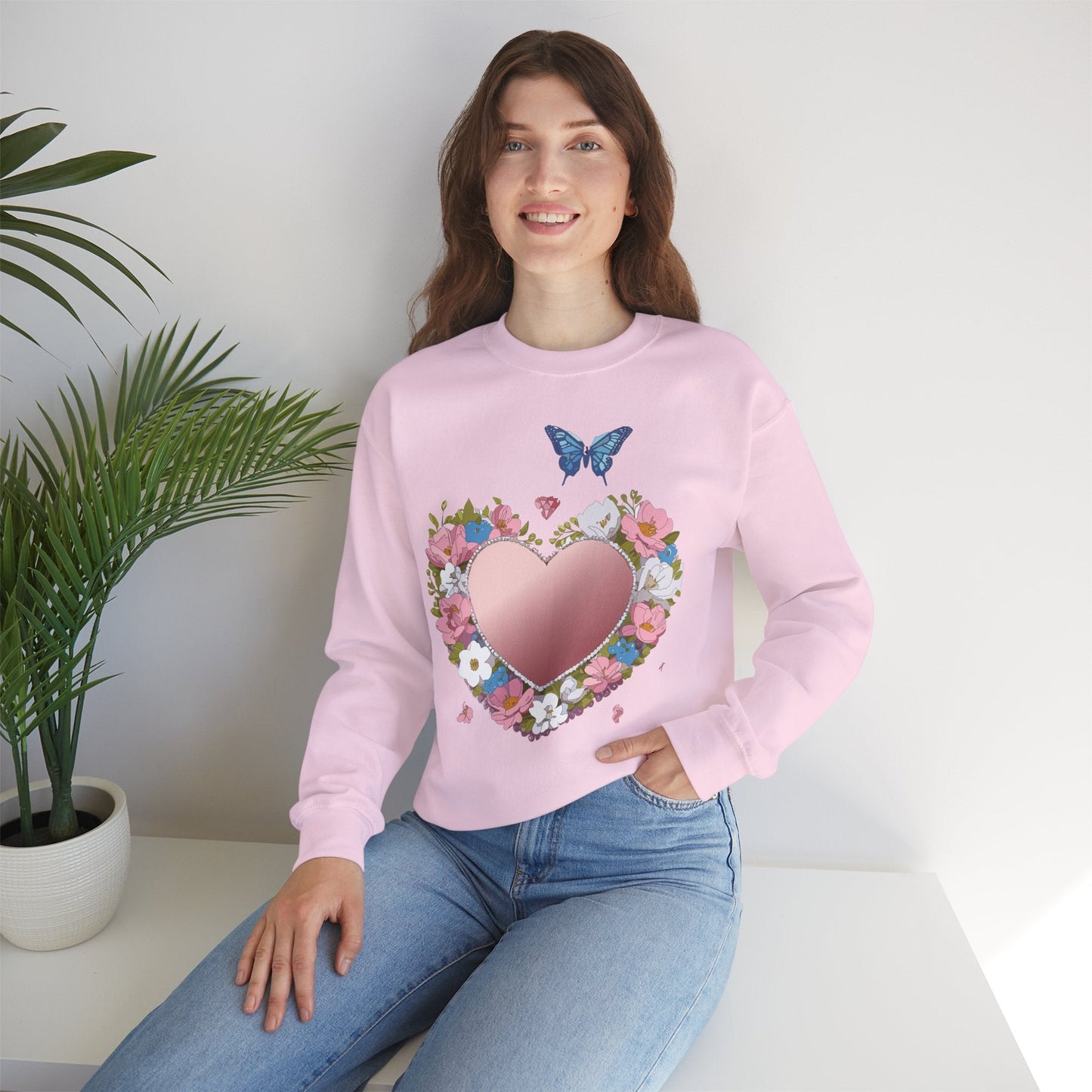 Unisex Floral Heart Sweatshirt Valentines Day Love Crewneck Gildan 18000 50/50 Cotton Polyester