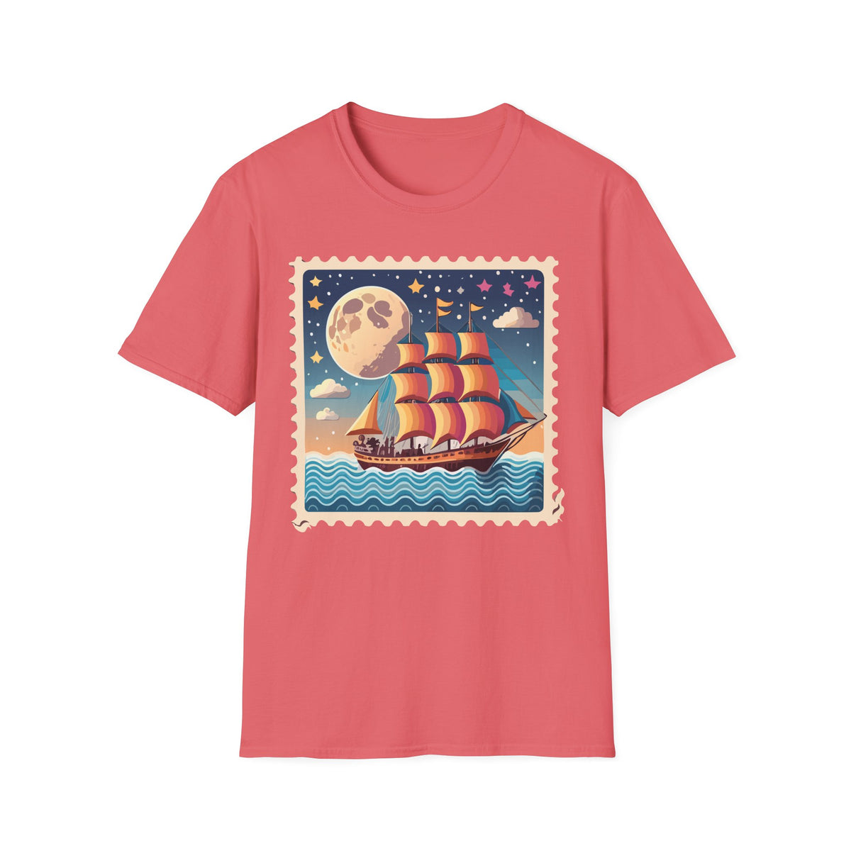 Vintage Sailboat Moon Illustration T-Shirt | Nautical Night Sky