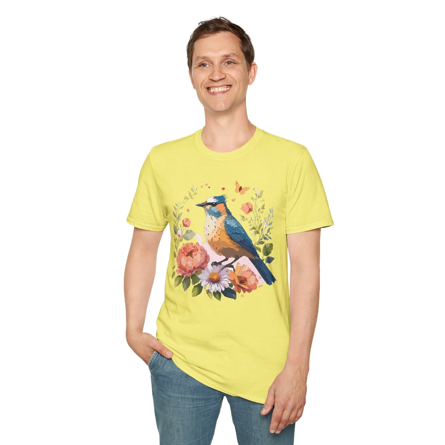 Floral Bird T Shirt Unisex Softstyle Gildan 64000 Tee 100 Percent Ring Spun Cotton