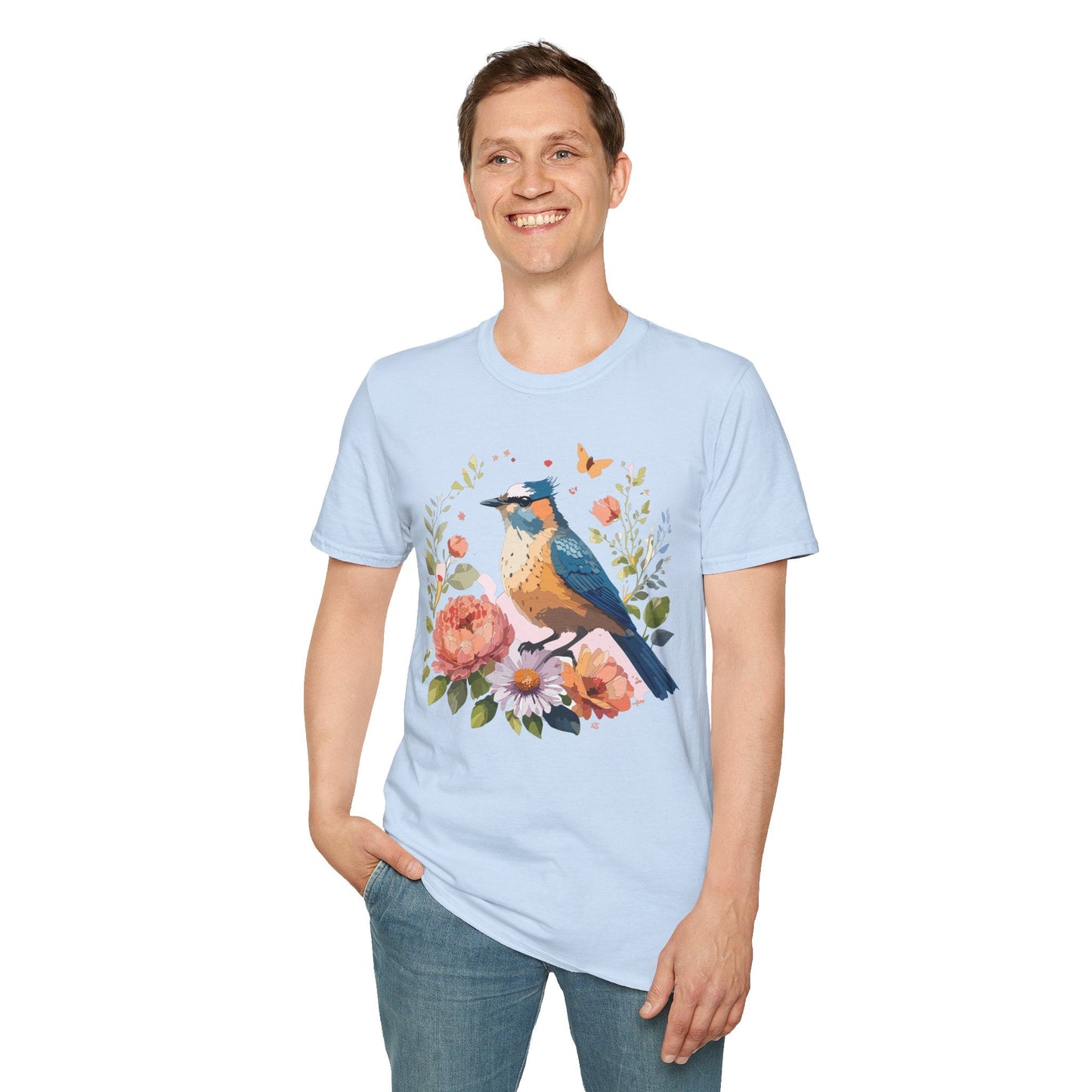 Floral Bird T Shirt Unisex Softstyle Gildan 64000 Tee 100 Percent Ring Spun Cotton