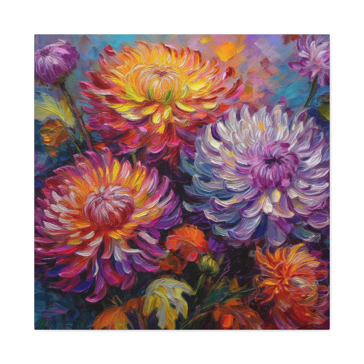 Chrysanthemums Print Canvas, Floral Oil Paint Print 20x20, 24x24, 30x30, 32x32, 36x36 Art Design Pine-Wood Inner Frame MC-158