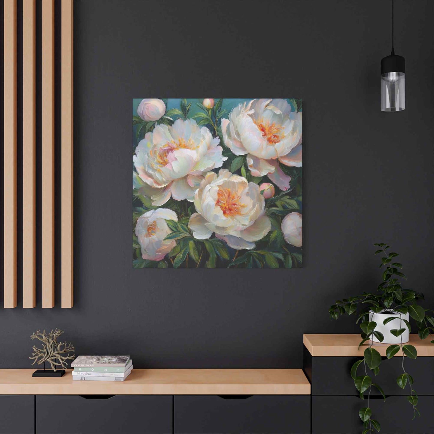 White Peonies Print Canvas, Floral Oil Paint Print 20x20, 24x24, 30x30, 32x32, 36x36 Art Design Pine-Wood Inner Frame MC-123