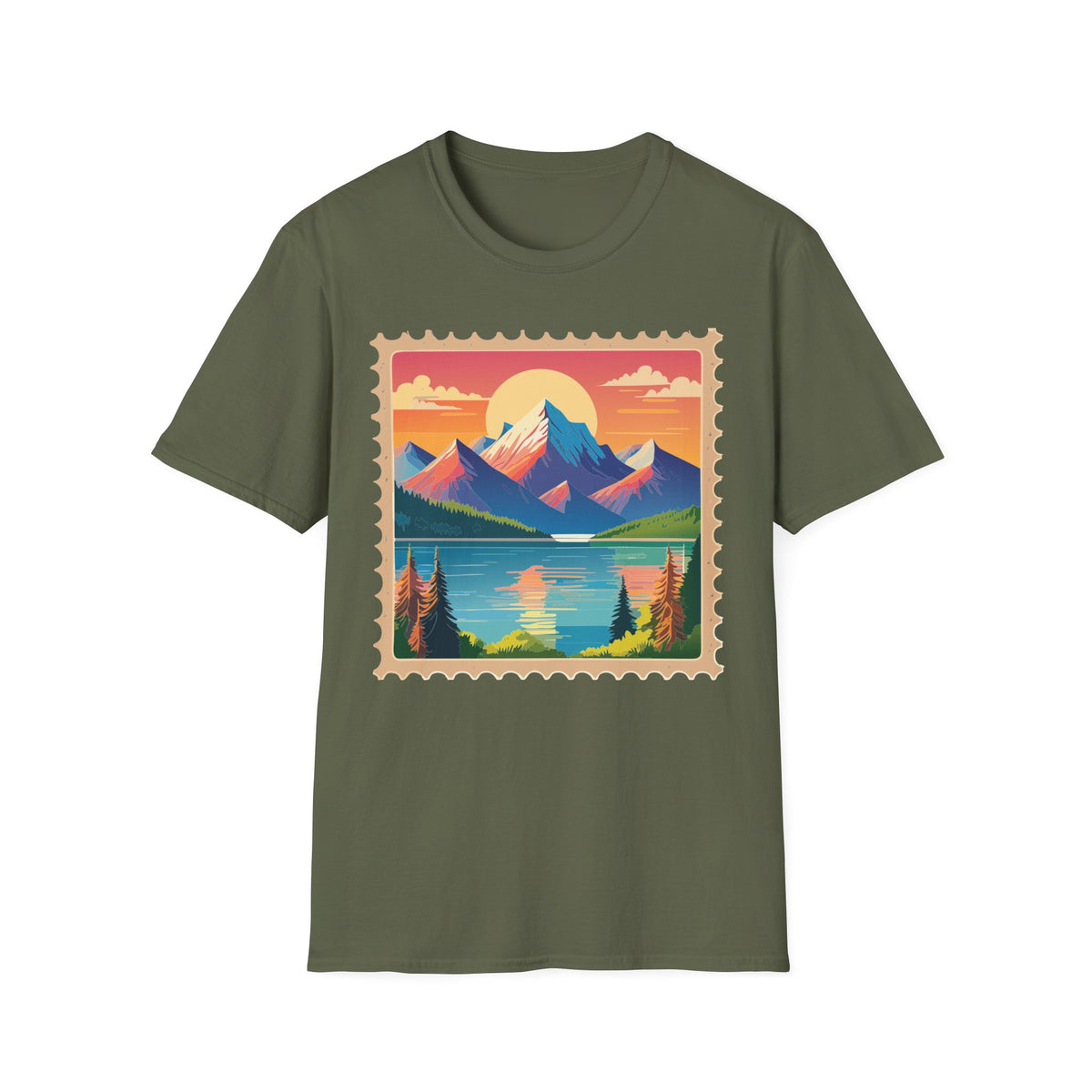 Vintage Mountain Sunset postage stamp T-Shirt | retro travel landscape