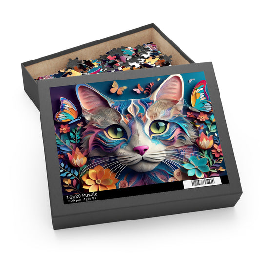 3D Colorful Cat Face Puzzle 500-Piece | Floral Cat Puzzle 500-Piece Ages 9+