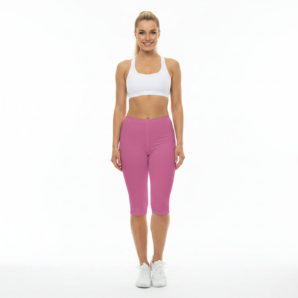 Sweet Peony Pink Color Women's Brushed Suede Poly Span Casual Capri Leggings XS-2XL