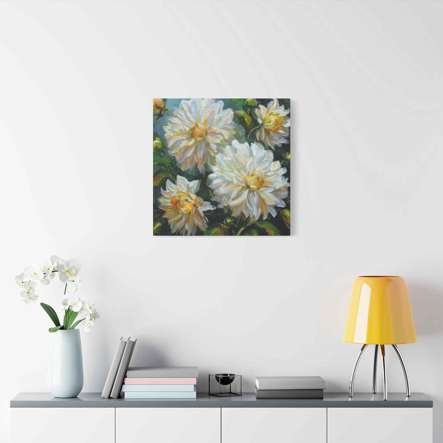 White Dahlias Print Canvas, Floral Oil Paint Print 20x20, 24x24, 30x30, 32x32, 36x36 Art Design Pine-Wood Inner Frame MC-169