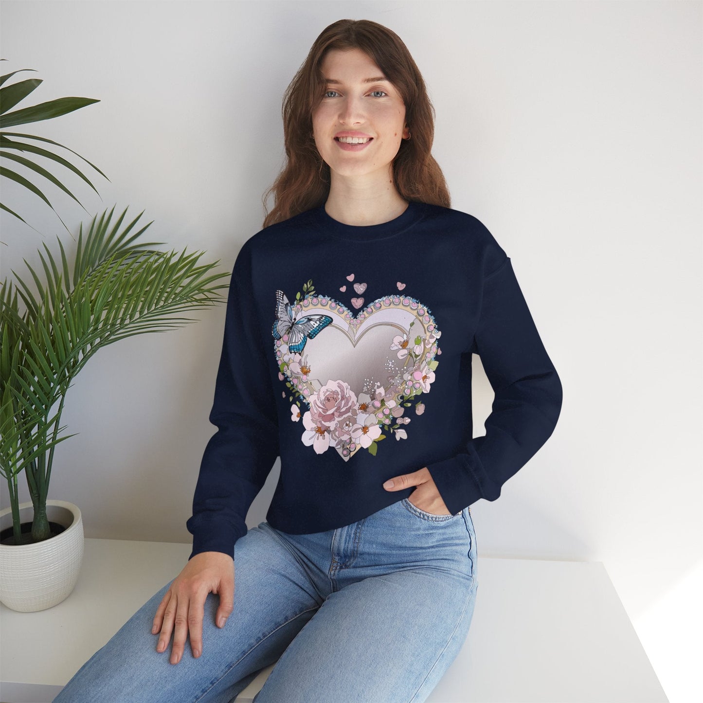 Unisex Floral Heart Sweatshirt For Valentines Day With Floral Love Print Crewneck Heavy Blend