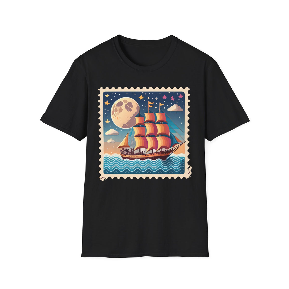 Vintage Sailboat Moon Illustration T-Shirt | Nautical Night Sky