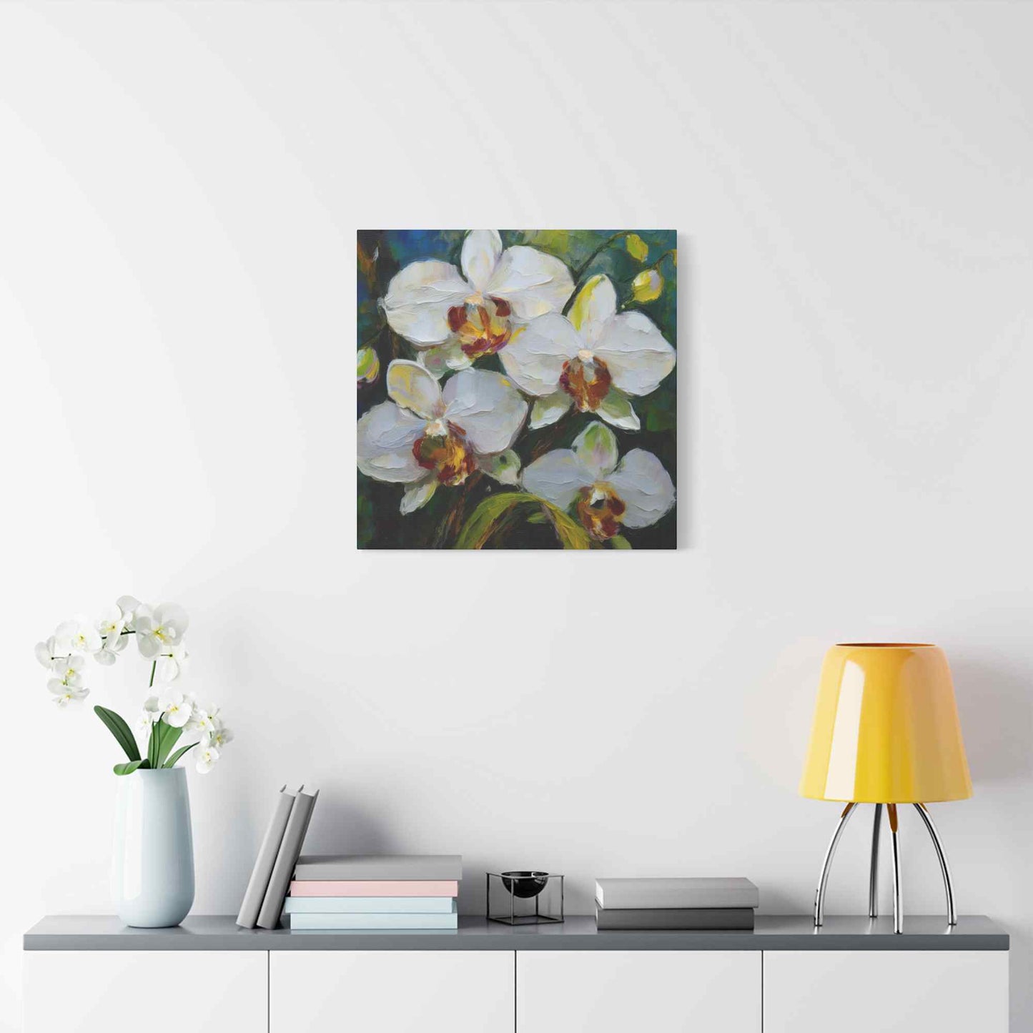 White Orchids Print Canvas, Floral Oil Paint Print 20x20, 24x24, 30x30, 32x32, 36x36 Art Design Pine-Wood Inner Frame MC-136