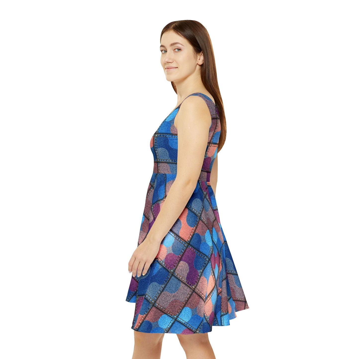 Women Denim Print Skater Dress, Denim Print Poly-Span Dress - 16