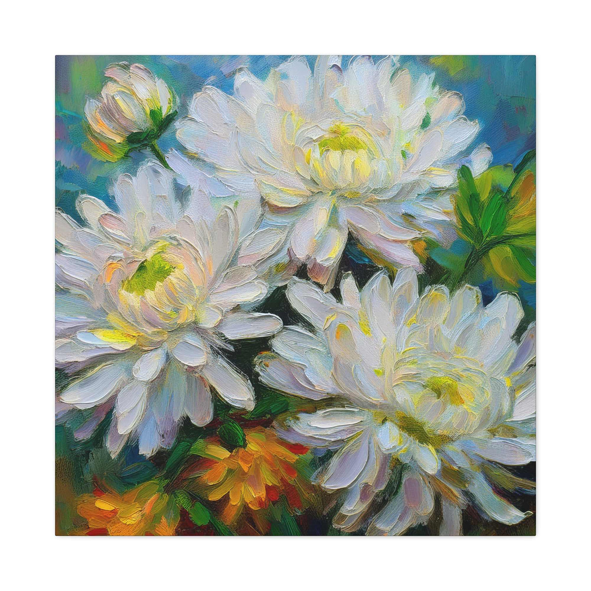 Chrysanthemums Print Canvas, Floral Oil Paint Print 20x20, 24x24, 30x30, 32x32, 36x36 Art Design Pine-Wood Inner Frame MC-161