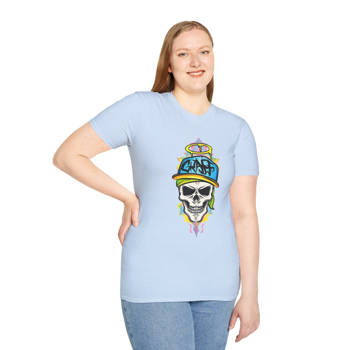 Unisex Skull Graphic Tee Shirt With Skeleton Design Softstyle 64000 100 Percent Ring Spun Cotton